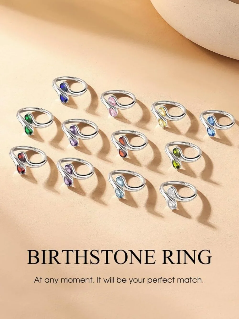 Dainty Silver Birthstone Ring for Women | Adjustable Teardrop Open Band Promise